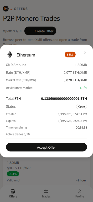 Domestic Monero Accept Offer detail for an ETH peer card.