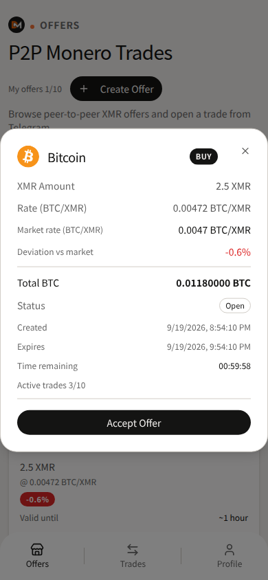 Domestic Monero Accept Offer screen for a BTC peer card.
