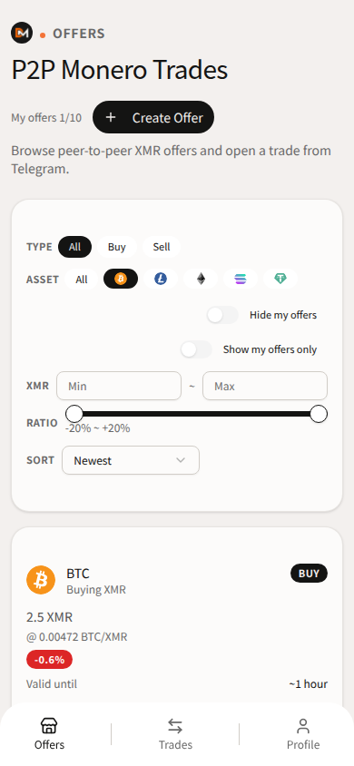 Domestic Monero Offers filtered to BTC — peer SELL XMR cards after a BCH hop.