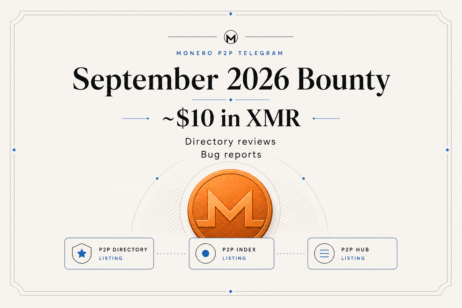 September 2026 bounty announcement — about ten dollars in XMR for directory reviews and first reproducible bug reports.