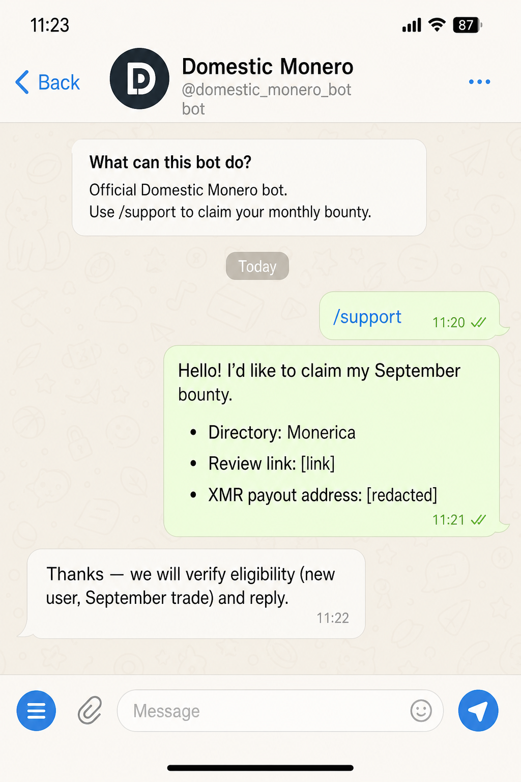 Fictional phone screen showing a bounty claim composed in the official bot support chat — no real addresses.