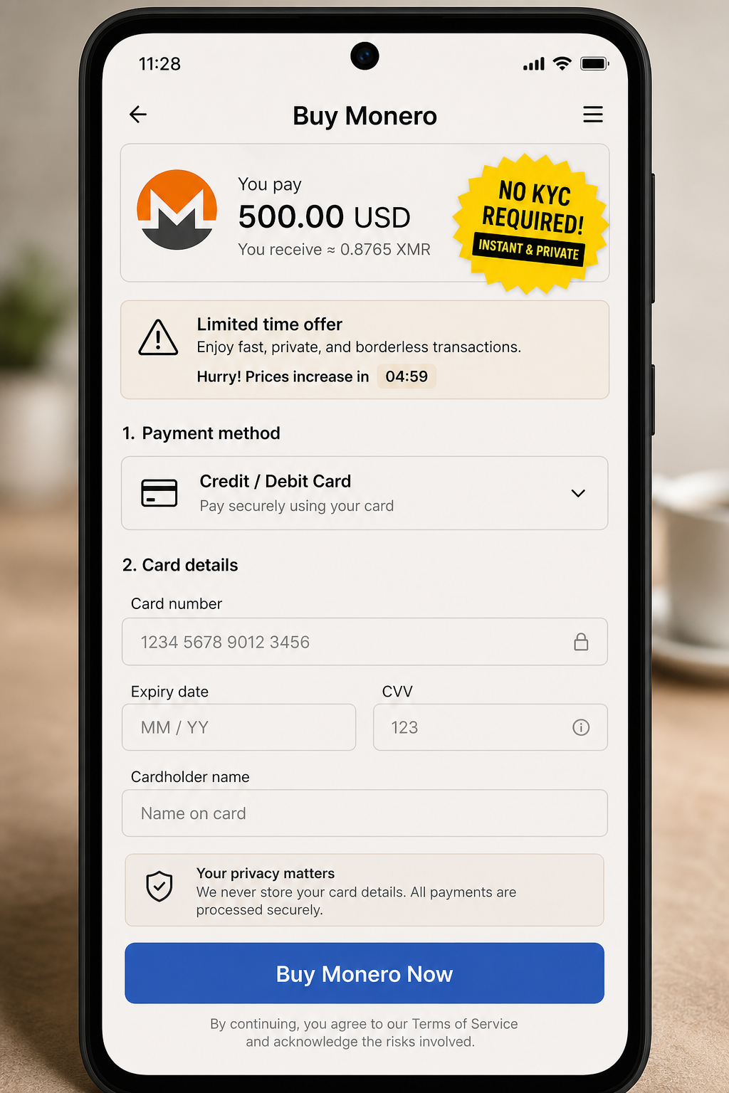 Fictional phone checkout promising buy Monero with card and no KYC — suspicious generic UI, no real brands.