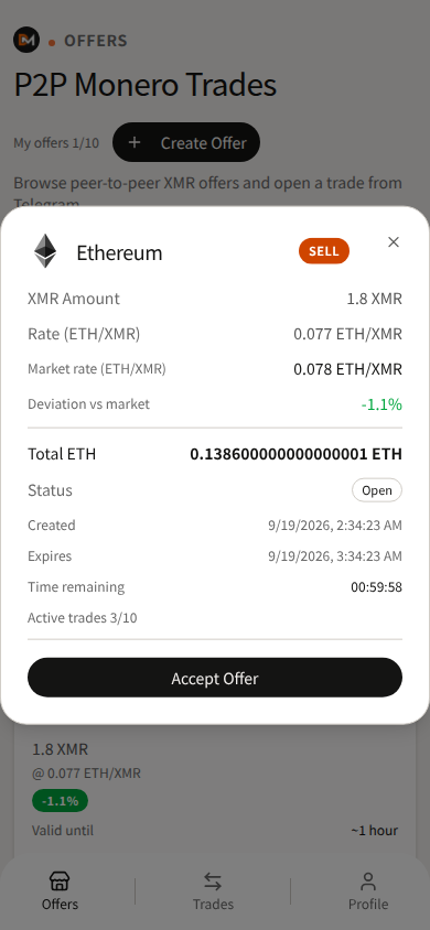 Domestic Monero Accept Offer screen for an ETH peer card.