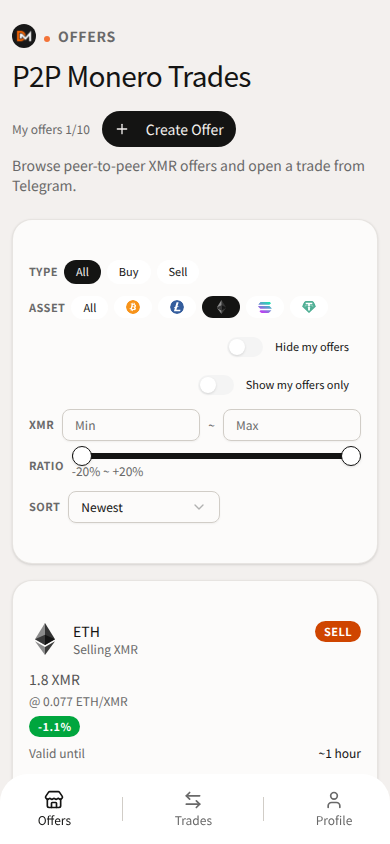 Domestic Monero Offers filtered to ETH — peer SELL XMR cards after a DAI hop.