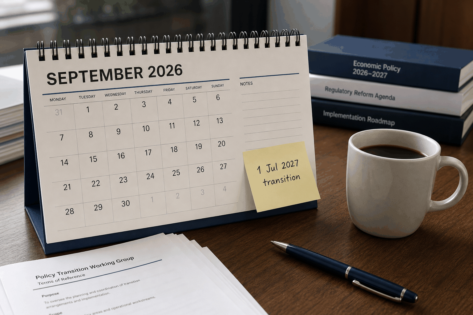 Desk calendar open to early September 2026 with a handwritten note marking July 2027 transition, cream daylight, no government logos.