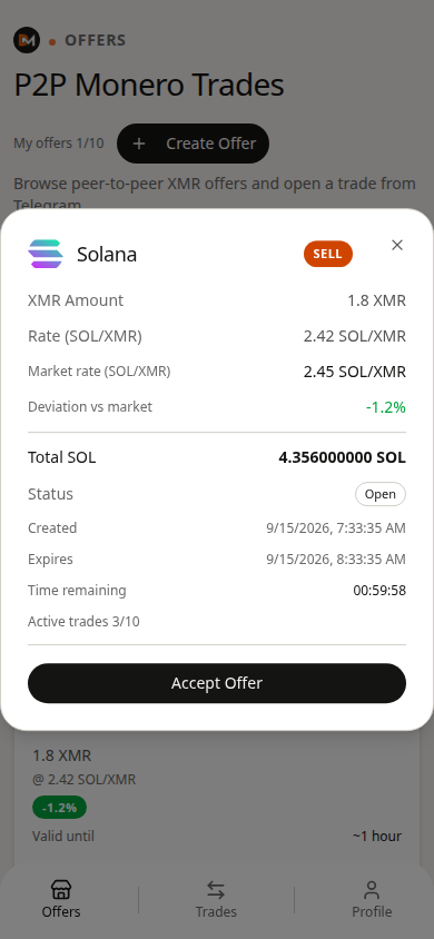 Domestic Monero Accept Offer screen for a SOL peer card.