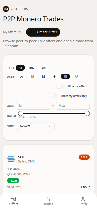 Domestic Monero Offers filtered to SOL — peer SELL XMR cards with rate and deviation.