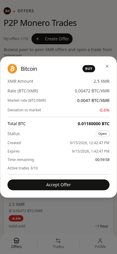 Domestic Monero Accept Offer detail for a BTC peer card.