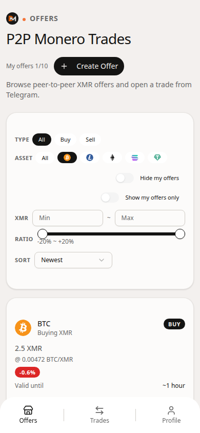 Domestic Monero Offers filtered to BTC — peer cards to compare before an Instant deposit.