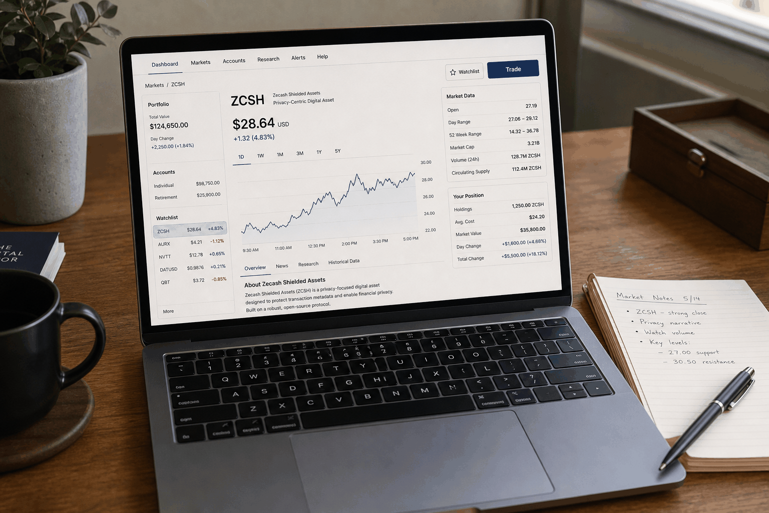 Desk with a laptop showing a fictional brokerage screen for a privacy-coin ETF ticker, cream daylight, no real brand logos.
