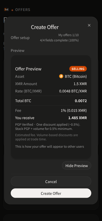 Telegram Mini App Create Offer in dark theme — offer preview including the Fee row.