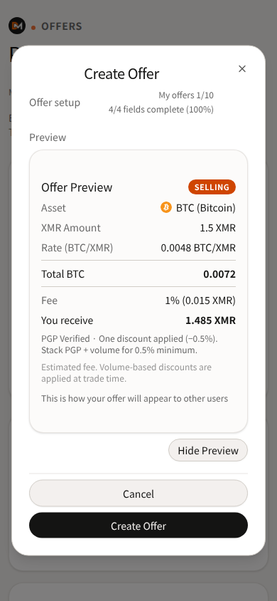 Telegram Mini App Create Offer in light theme — BUY XMR for BTC, rate vs market, Create Offer actions.