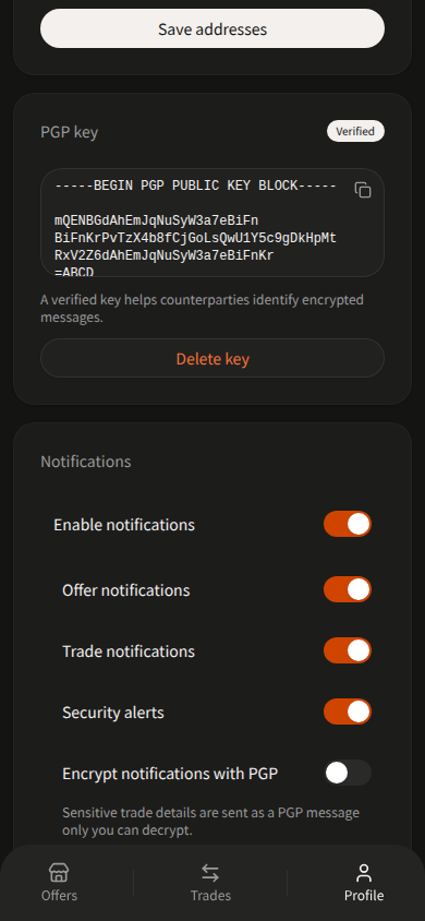 Telegram Mini App Profile in dark theme — Notifications toggles; PGP key material blurred. No Operator control.