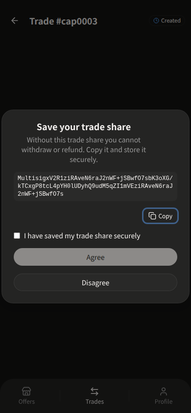 Telegram Mini App Save your trade share modal in dark theme — instructions and Agree/Disagree visible; trade share string blurred.