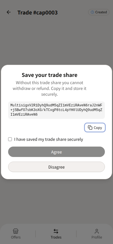 Telegram Mini App Save your trade share modal in light theme — instructions and Agree/Disagree visible; trade share string blurred.